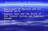 1 Evolution of Military GPS  Deployment of Sputnik and its Doppler Shift  Doppler Data and the Birth of the Transit System and Timation System  Early.