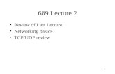1 689 Lecture 2 Review of Last Lecture Networking basics TCP/UDP review.