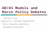 AD/AS Models and Macro Policy Debates Phillips Curve Adaptive vs. Rational Expectations Policy Impotency Hypothesis Ricardian Equivalence.