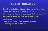 Earth Rotation Earth’s rotation gives rise to a fictitious force called the Coriolis force It accounts for the apparent deflection of motions viewed in.