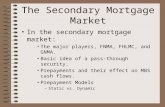 The Secondary Mortgage Market In the secondary mortgage market: The major players, FNMA, FHLMC, and GNMA. Basic idea of a pass-through security. Prepayments.