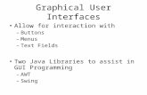Graphical User Interfaces Allow for interaction with –Buttons –Menus –Text Fields Two Java Libraries to assist in GUI Programming –AWT –Swing.