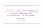 CSEP505: Programming Languages Lecture 2: functional programming, syntax, semantics via interpretation or translation Dan Grossman Winter 2009.