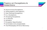 1 Topics on Exceptions & Assertions Asyncronous Exceptions Using assert.h and signal.h User Defined Exceptions C++ Exceptions Throwing Exceptions Try Blocks.