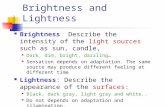 Brightness and Lightness Brightness: Describe the intensity of the light sources such as sun, candle, Dark, dim, bright, dazzling… Sensation depends on.