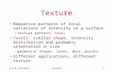 E.G.M. PetrakisTexture1 Repeative patterns of local variations of intensity on a surface –texture pattern: texel Texels: similar shape, intensity distribution.