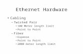 Ethernet Hardware Cabling –Twisted Pair 100 Meter length limit Point to Point –Fiber Expense Point to Point 2000 meter length limit.