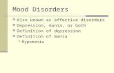 Mood Disorders Also known as affective disorders Depression, mania, or both Definition of depression Definition of mania Hypomania.