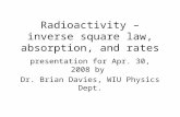 Radioactivity – inverse square law, absorption, and rates presentation for Apr. 30, 2008 by Dr. Brian Davies, WIU Physics Dept.