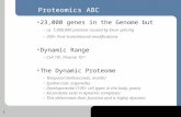 1 Proteomics ABC 23,000 genes in the Genome but –ca. 1,000,000 proteins caused by Exon splicing –300+ Post-translational modifications Dynamic Range –Cell.