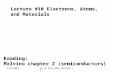 9/22/2004EE 42 fall 2004 lecture 101 Lecture #10 Electrons, Atoms, and Materials Reading: Malvino chapter 2 (semiconductors)