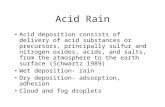Acid Rain Acid deposition consists of delivery of acid substances or precursors, principally sulfur and nitrogen oxides, acids, and salts, from the atmosphere.
