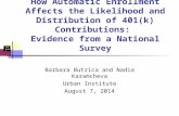 How Automatic Enrollment Affects the Likelihood and Distribution of 401(k) Contributions: Evidence from a National Survey Barbara Butrica and Nadia Karamcheva.