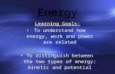 Learning Goals: To understand how energy, work and power are related To distinguish between the two types of energy; kinetic and potential.