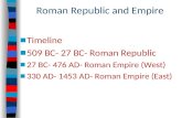 Roman Republic and Empire ■ Timeline ■ 509 BC- 27 BC- Roman Republic ■ 27 BC- 476 AD- Roman Empire (West) ■ 330 AD- 1453 AD- Roman Empire (East)