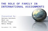 THE ROLE OF FAMILY IN INTERNATIONAL ASSIGNMENTS Presented By: Boriana Gatcheva Mark Lau Milana Targan Nancy Zhong November 16, 2004.