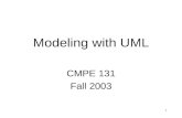 1 Modeling with UML CMPE 131 Fall 2003. 2 Overview What is modeling? What is UML? Use case diagrams Class diagrams Sequence diagrams Activity diagrams.