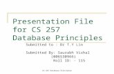 CS 257 Database Principles Presentation File for CS 257 Database Principles Submitted to : Dr T.Y Lin Submitted By: Saurabh Vishal (006530966) Roll ID: