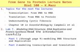 From Gene to Protein Lecture Notes Biol 100 – K.Marr 1.Topics for the next few lectures – Transcription: From DNA to RNA – Translation: From RNA to Protein.