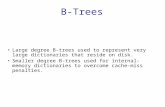 B-Trees Large degree B-trees used to represent very large dictionaries that reside on disk. Smaller degree B-trees used for internal-memory dictionaries.