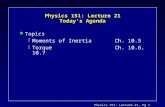 Physics 151: Lecture 21, Pg 1 Physics 151: Lecture 21 Today’s Agenda l Topics çMoments of InertiaCh. 10.5 çTorqueCh. 10.6, 10.7.