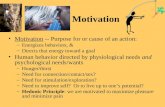 Motivation Motivation -- Purpose for or cause of an action: –Energizes behaviors, & –Directs that energy toward a goal Human behavior directed by physiological.