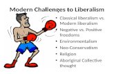 Modern Challenges to Liberalism Classical liberalism vs. Modern liberalism Negative vs. Positive freedoms Environmentalism Neo-Conservatism Religion Aboriginal.