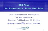 1 The International Conference on MDG Statistics Manila, Philippines, 19-21 Oct 2011 National Statistical Office, Thailand MDG Plus An Experience from.