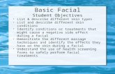 Basic Facial Student Objectives  List & describe different skin types  List and describe different skin conditions  Identify conditions or treatments.