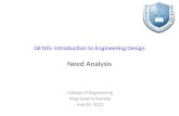 GE105: Introduction to Engineering Design Need Analysis College of Engineering King Saud University Feb 24, 2012.