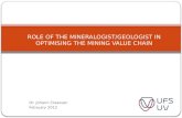 Dr. Johann Claassen February 2012 ROLE OF THE MINERALOGIST/GEOLOGIST IN OPTIMISING THE MINING VALUE CHAIN.