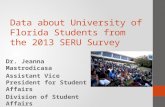 Data about University of Florida Students from the 2013 SERU Survey Dr. Jeanna Mastrodicasa Assistant Vice President for Student Affairs Division of Student.