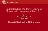 1 Understanding Students’ Learning Styles to Enhance your Teaching by Anoop Singh Grewal Oct 5 th, 2011 Biomedical Engineering GK-12 program.