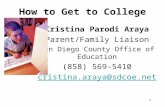 1 How to Get to College Cristina Parodi Araya Parent/Family Liaison San Diego County Office of Education (858) 569-5410 cristina.araya@sdcoe.net.