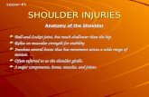 SHOULDER INJURIES Anatomy of the Shoulder Ball-and-Socket joint, but much shallower than the hip. Relies on muscular strength for stability Involves several.