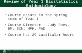 Review of Year 1 Biostatistics Epidemiology Course occurs in the spring term of Year 1 Course Director – Judy Rees, BM, BCh, MPH, PhD Course has 29 curricular.