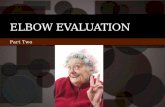 Part Two ELBOW EVALUATION. Overview Patient history Observation Palpation Bony Soft tissue Active/passive ROM Special tests Neurologic Sensory Motor DTRs.