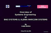 BAE SYSTEMS Overview of Systems Engineering at BAE SYSTEMS & ALENIA MARCONI SYSTEMS 8/10/2015/MS115-01 By Leigh Watton Friday 27th July 2001.