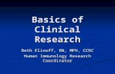 Basics of Clinical Research Beth Elinoff, RN, MPH, CCRC Human Immunology Research Coordinator.