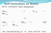 Self Ionisation of Water Water undergoes Self Ionisation H 2 O (l) ⇄ H + (aq) +OH - (aq) or H 2 O (l) + H 2 O (l) ⇄ H 3 O + (aq) +OH - (aq) The concentration.