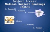 Subject Access: Medical Subject Headings (MeSH) R. Campbell B. Durland A. Kussman D. Schmick J. Roberts K. Kloser C. Leckenby B. Robben S. Thornton Emporia.