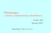 Phonology: contrast, complementary distribution LING 200 Spring 2003 Reading: Files 4.1-4.3.