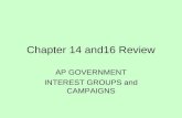Chapter 14 and16 Review AP GOVERNMENT INTEREST GROUPS and CAMPAIGNS.
