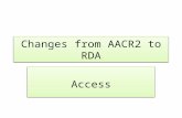 Changes from AACR2 to RDA Access. Credits Many slides are from the following presentations: – Preparing Copy Catalogers for RDA / Irina Kandarasheva &