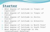 Starter 1. What degree of latitude is Tropic of Capricorn? 2. What degree of latitude is Tropic of Cancer? 3. What degree of latitude is Arctic Circle?