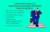 CHAPTER TWELVE: ORGANIZATION,RECRUITING AND STAFFING Processes for Creating Job and Task Analysis Job Descriptions and Guidelines Legal Issues Surrounding.