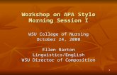 1 Workshop on APA Style Morning Session I WSU College of Nursing October 24, 2008 Ellen Barton Linguistics/English WSU Director of Composition.
