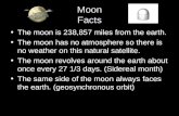Moon Facts The moon is 238,857 miles from the earth. The moon has no atmosphere so there is no weather on this natural satellite. The moon revolves around.