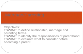 Objectives: TSWBAT to define relationship, marriage and parenting terms. TSWBAT to identify the responsibilities of parenthood. TSWBAT to evaluate what.