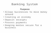 Banking System Purpose Allows businesses to move money around Creating an economy Deposit receipts Process payments Keeping monies secure for a business.